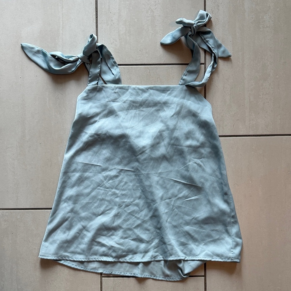 Women's Dusty Blue Pajama Set, Silky Tie Knot Tank Top PJ set - Picture 6 of 11